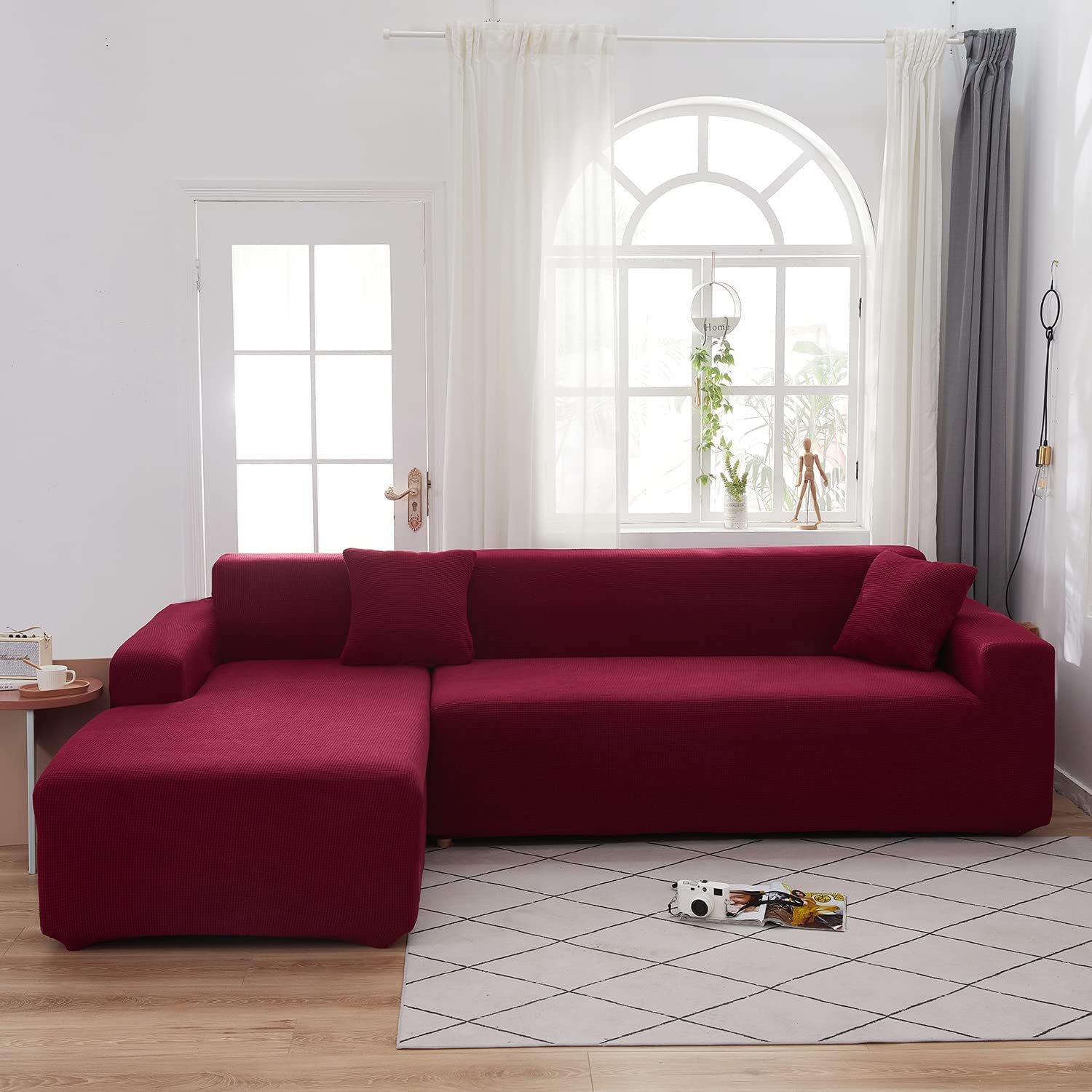 Housse de canapé extensible 3 places tissu rouge lavable protection