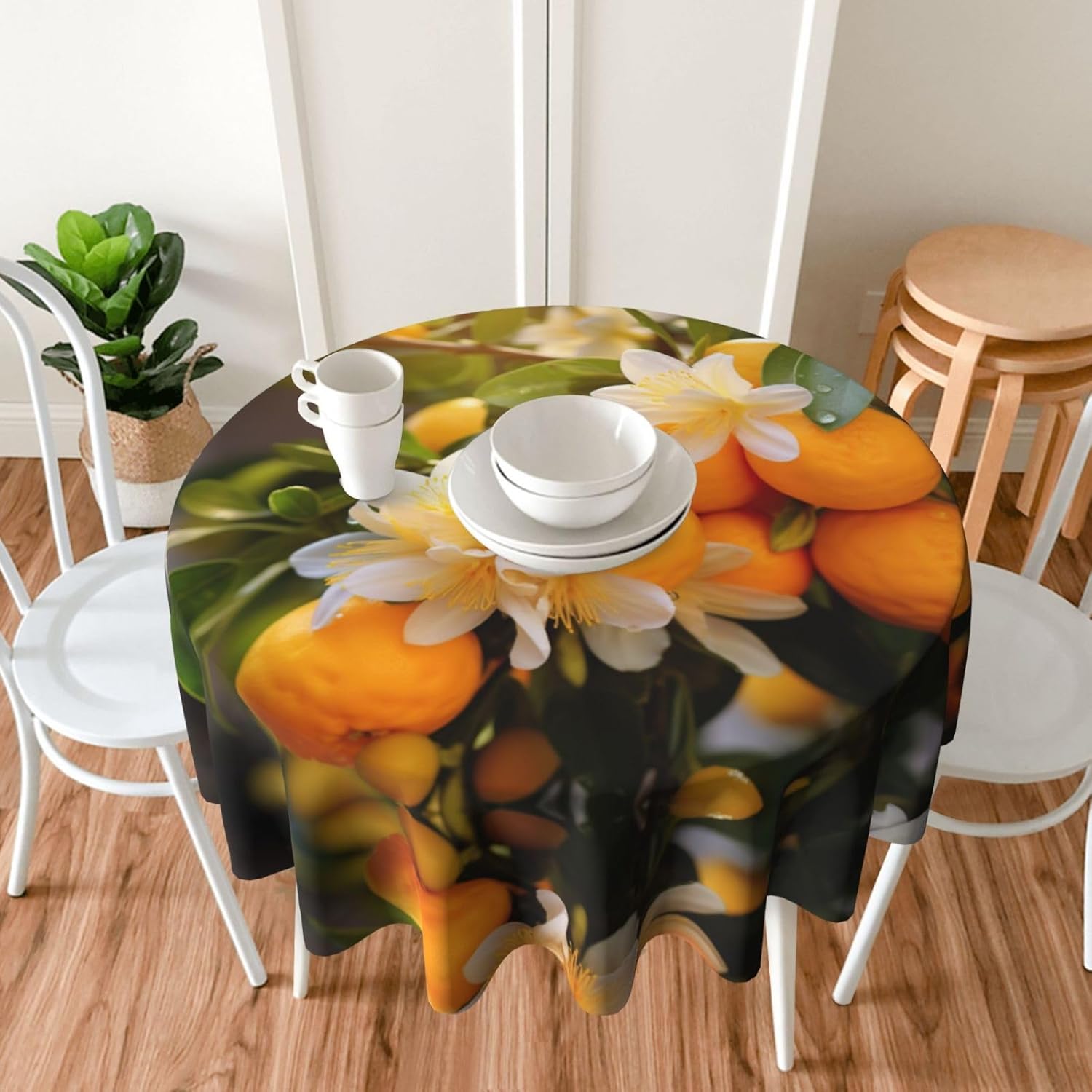 Yellow Blossom and Orange Fruits2 Print Wrinkle Free Dining Table Cover for Birthday Party Farmhouse Tablecloths Up to 60 x 60 Inches