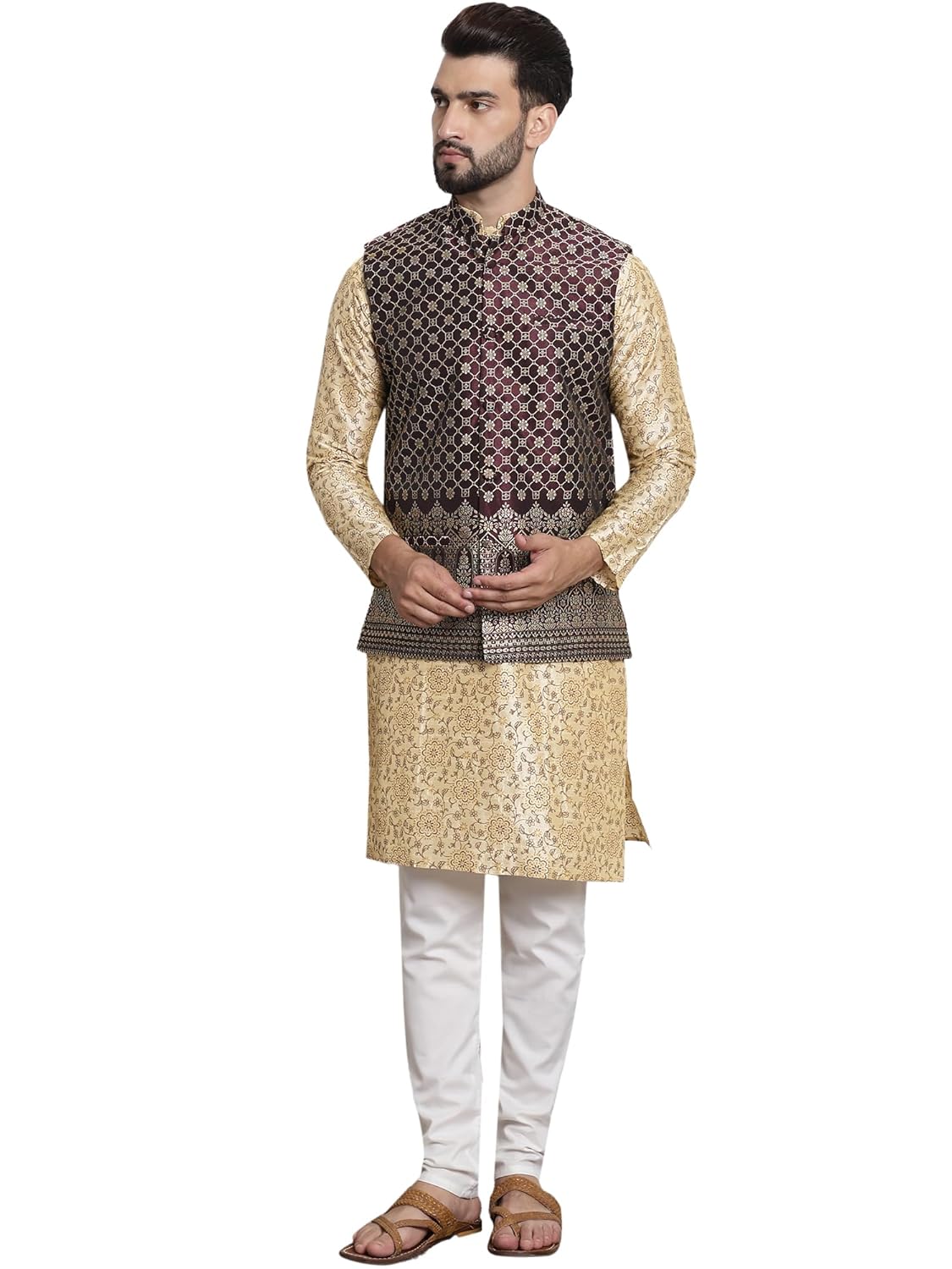 SOJANYA (Since 1958 Men’s Silk Blend Print Kurta and Pyjama with Nehrujacket