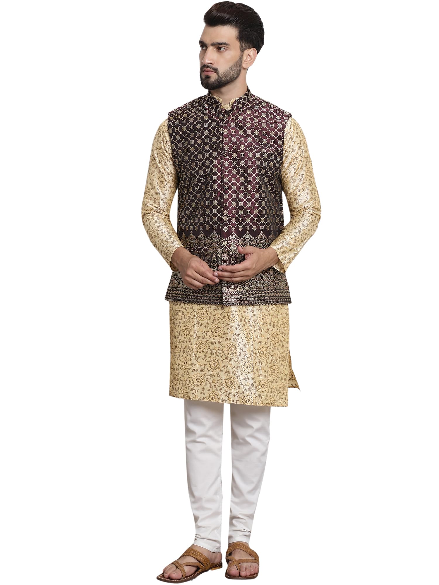 Sojanya (Since 1958 Men's Silk Blend Print Beige Kurta And Off-White Pyjama With Wine Nehrujacket