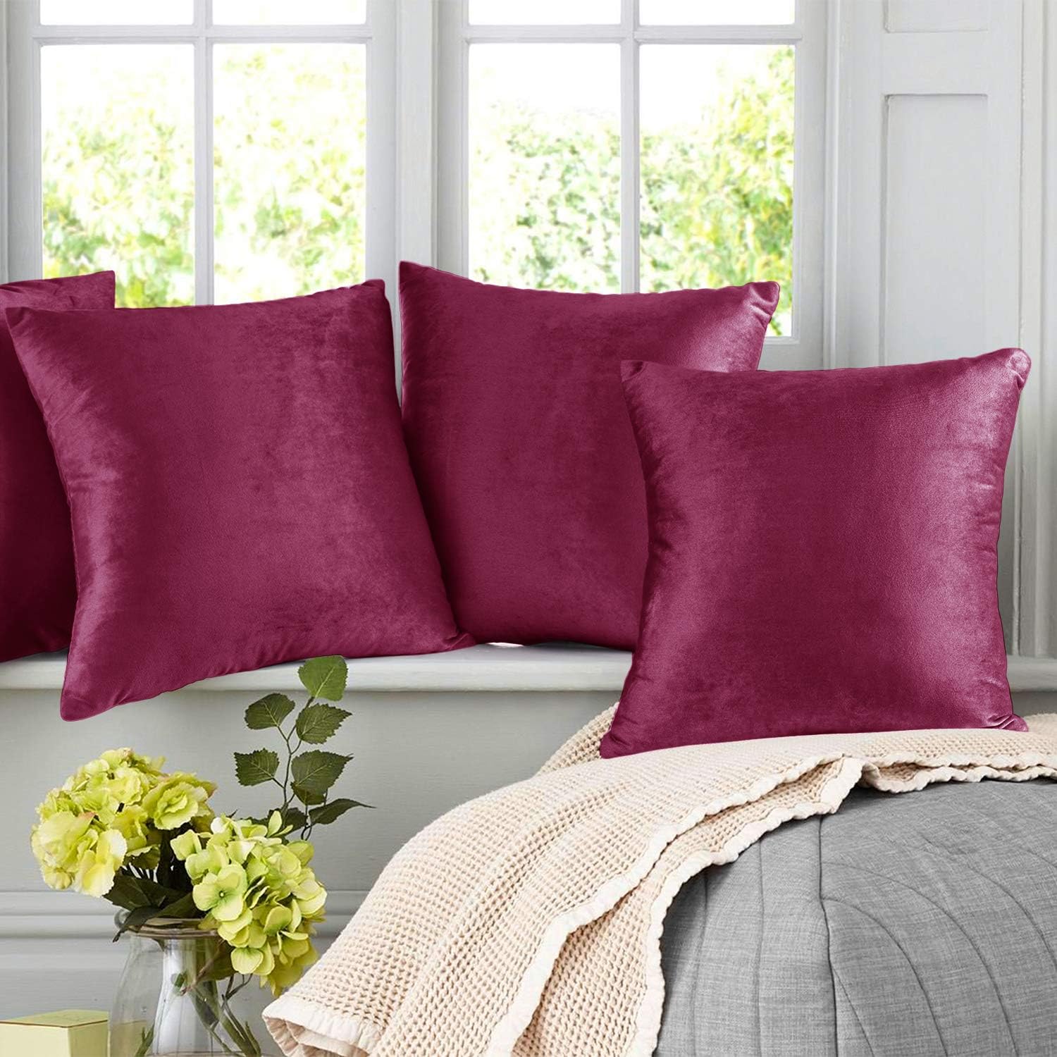 Nestl Throw Pillow Covers, Cozy Velvet Decorative Outdoor Pillow Covers 20X20 Inches, Soft Solid Cushion Covers for Sofa, Bed and Car, Set of 4 - Magenta