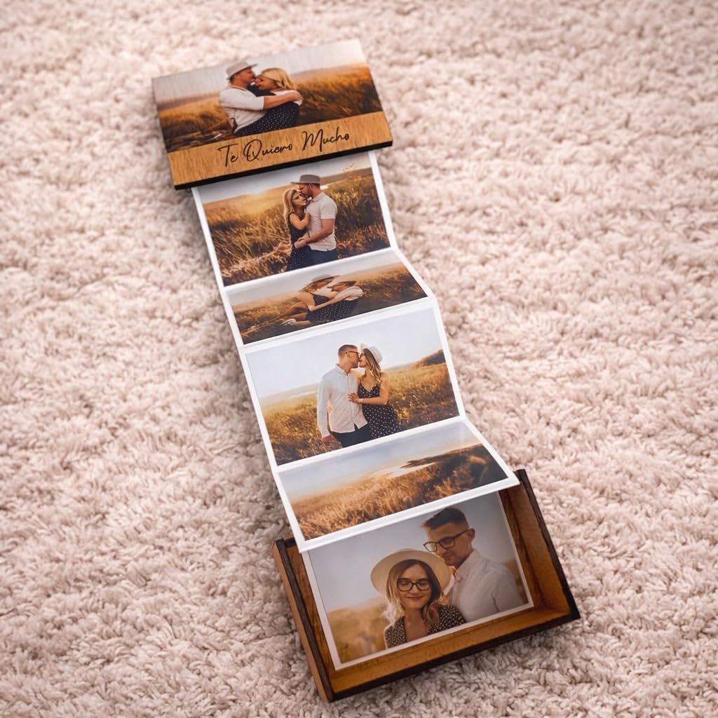 Caja de Fotos Desplegable de Madera con 6 Fotos Personalizadas - Regalo Original para Parejas, Hombres o Mujeres