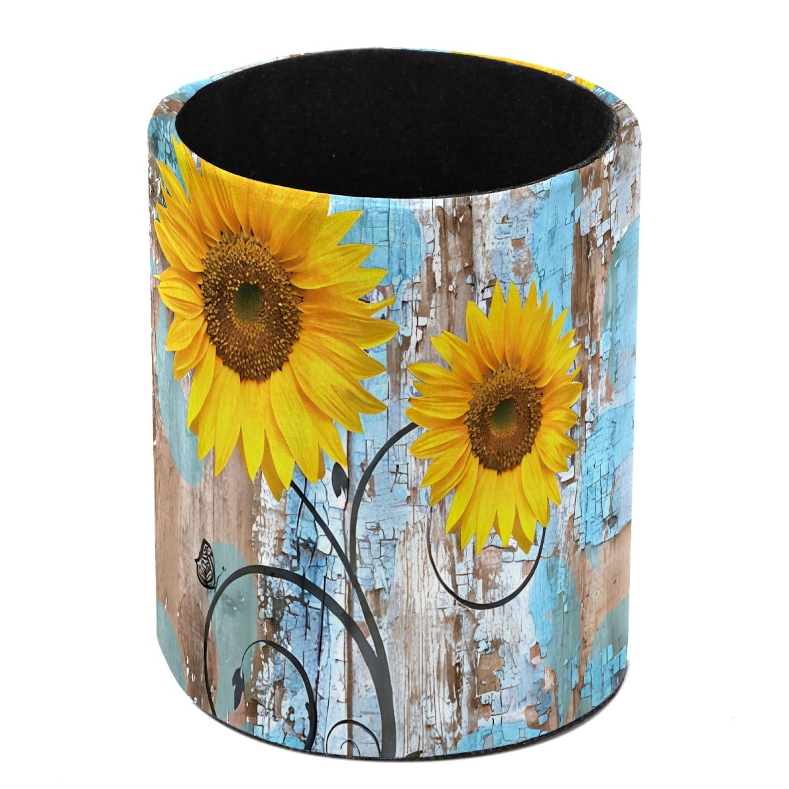 Luoweisi Rustic Sunflower on Rural Barn Wooden Pen Holder for Desk, Leather Pen Pot, Desk Pencil Holder Round Makeup Organiser Home Office School Suppliers
