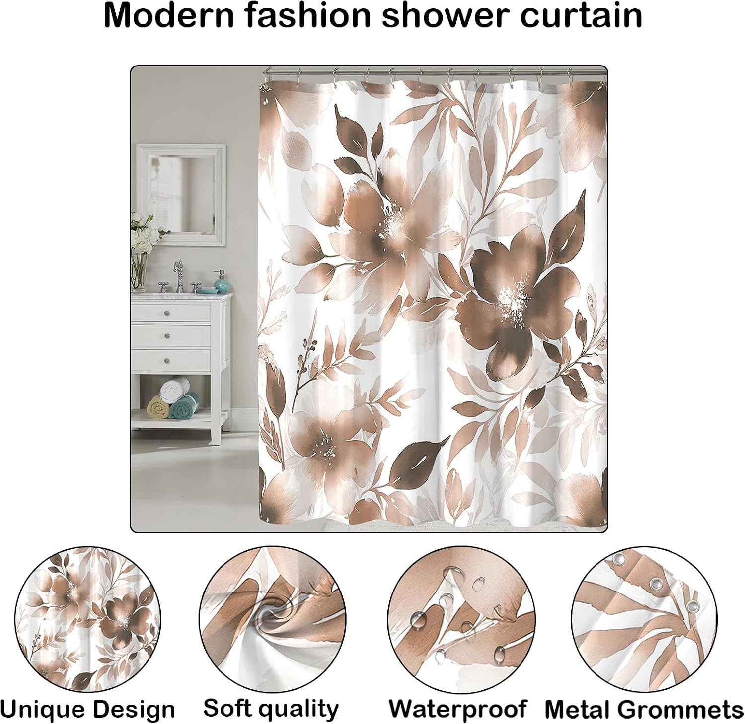 Floral Shower Curtain, Brown Watercolor Flower Shower Curtains for Bathroom, Modern Minimalist Waterproof Fabric Bath Decoration 72x72 Inch