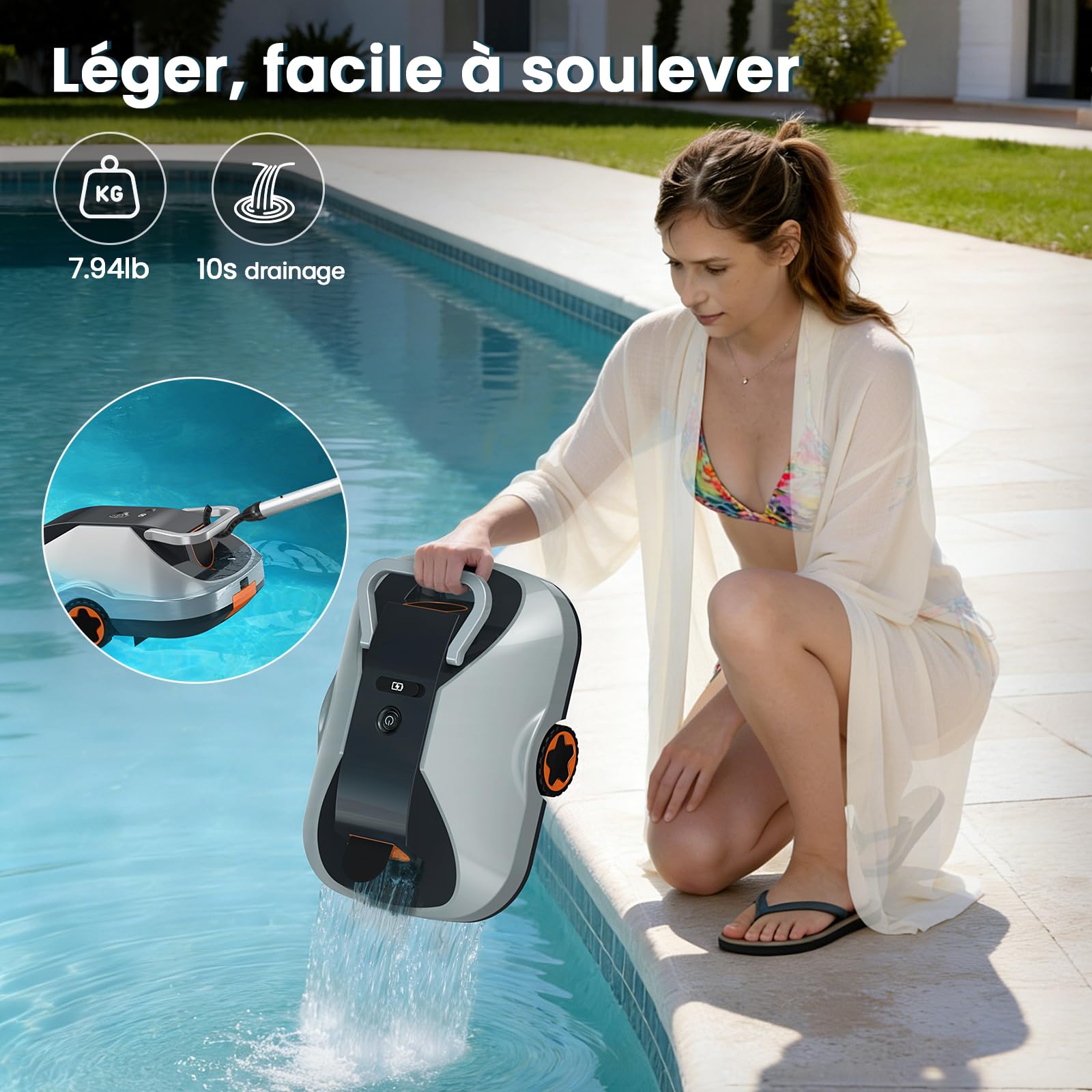 Robot Piscine sans Fil, Robot aspirateur Piscine sans Fil, 200Min d’Autonomie, Retour Automatique, Filtration Ultra-Fine, Navigation Intelligente, Compact et Portable pour Piscines Hors Sol 232 m²