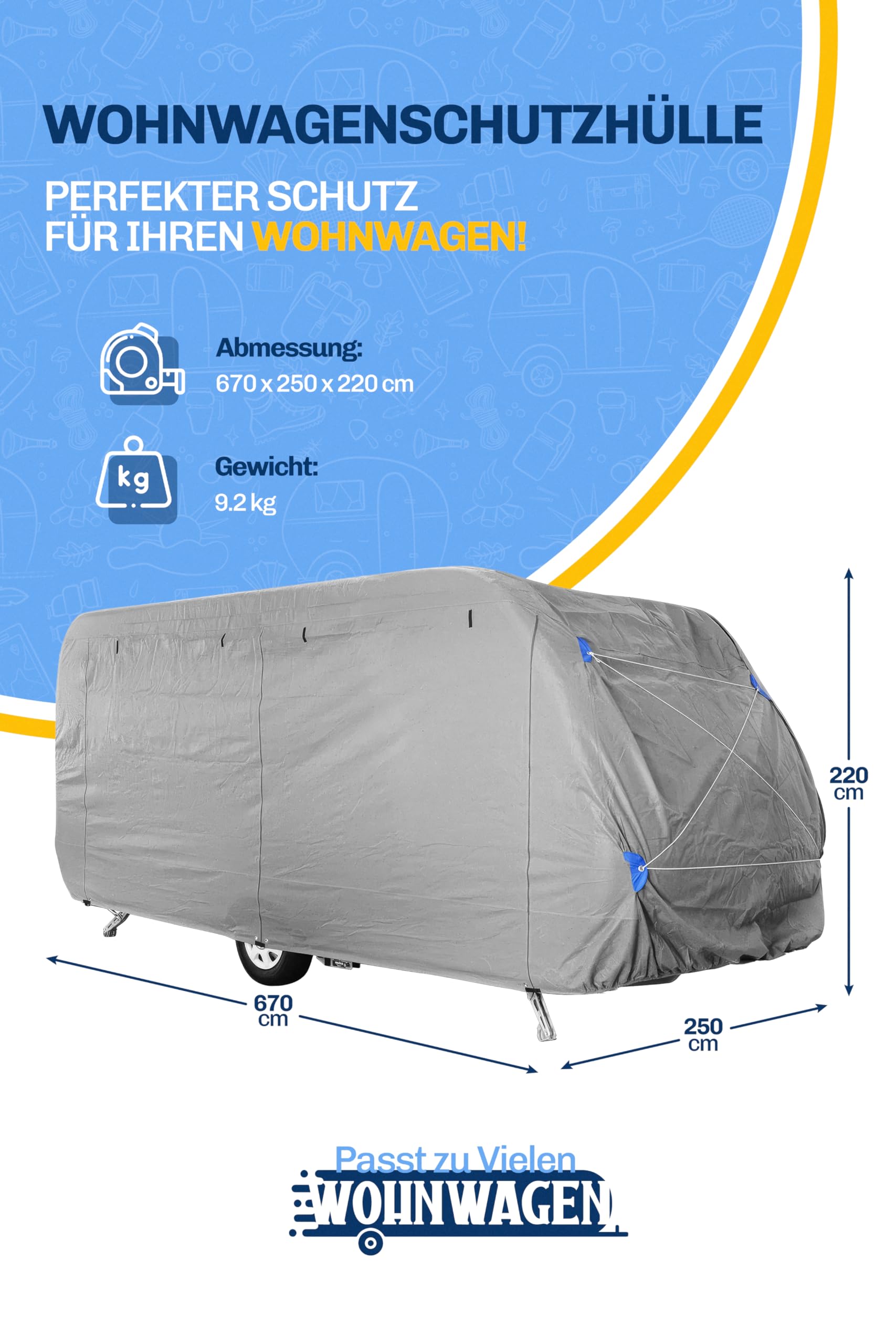 Abdeckplane Wohnwagen XL 670×250×220 cm – Winterfeste Schutzhülle für Wohnwagen & Wohnmobil – Wasserdicht, UV-beständig, mit Hagelschutz – Atmungsaktive Plane inkl. Gurte & Tasche