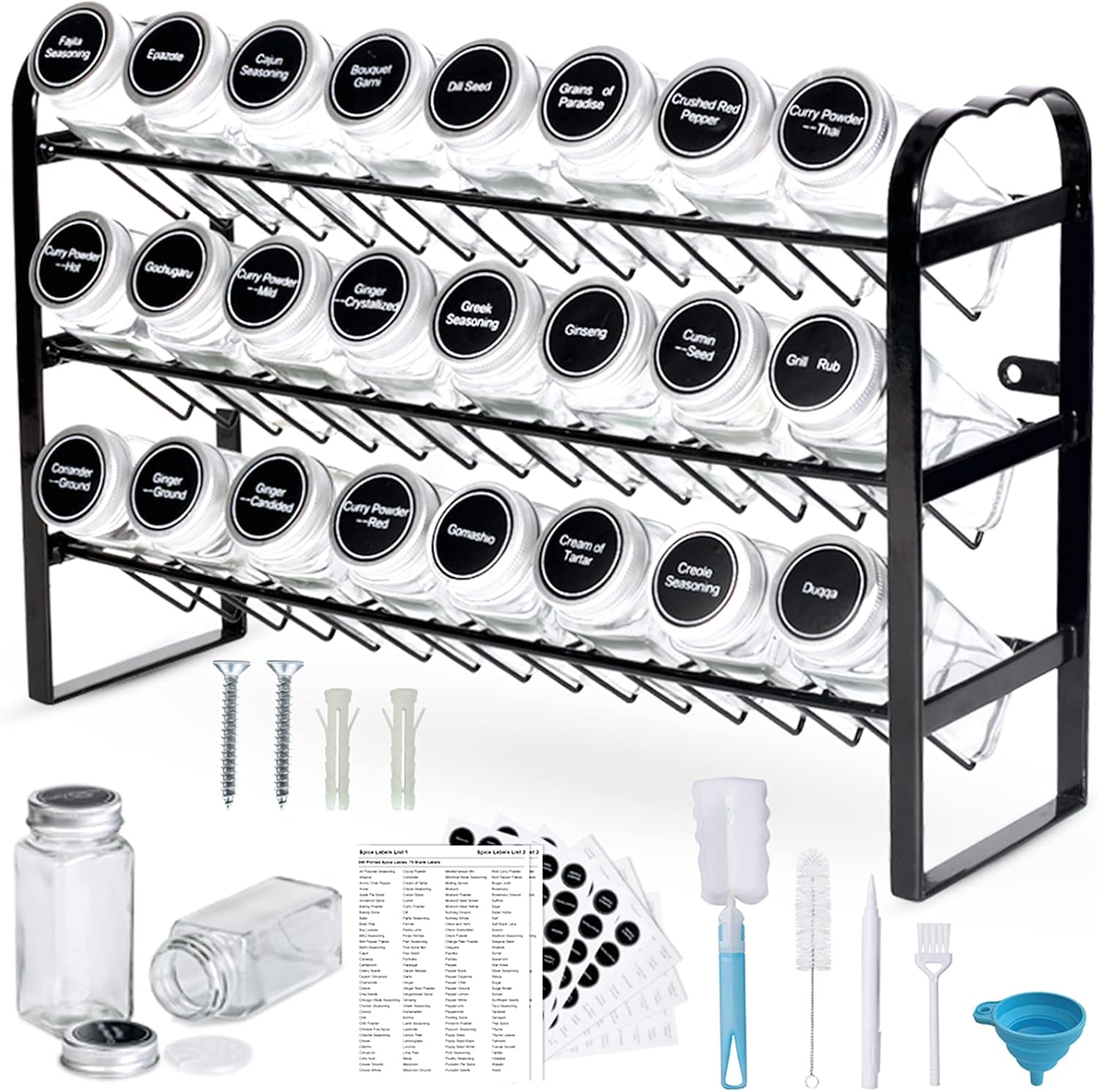 Spice Rack Organizer for Countertop, Seasoning Organizer Wall Mount Spice Rack with 24 Empty Spice Jars Shelf for Kitchen Cabinet, Seasoning Rack with Funnel, Chalk Marker and 400 Spice Labels