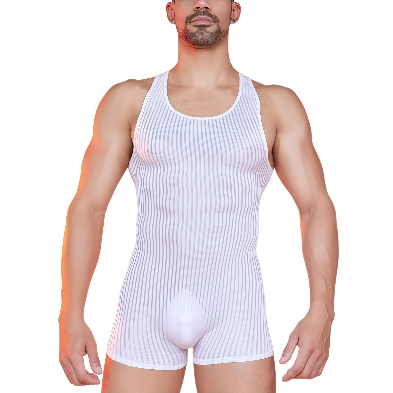 TouKingda Mens Wrestling Singlet Sleeveless Sheer Mesh Gym Jumpsuit See Through Striped Lingerie Bodysuit One Piece Shorts Leotards Slim Fit Muscle Undershirt for Festival Rave Nightwear White