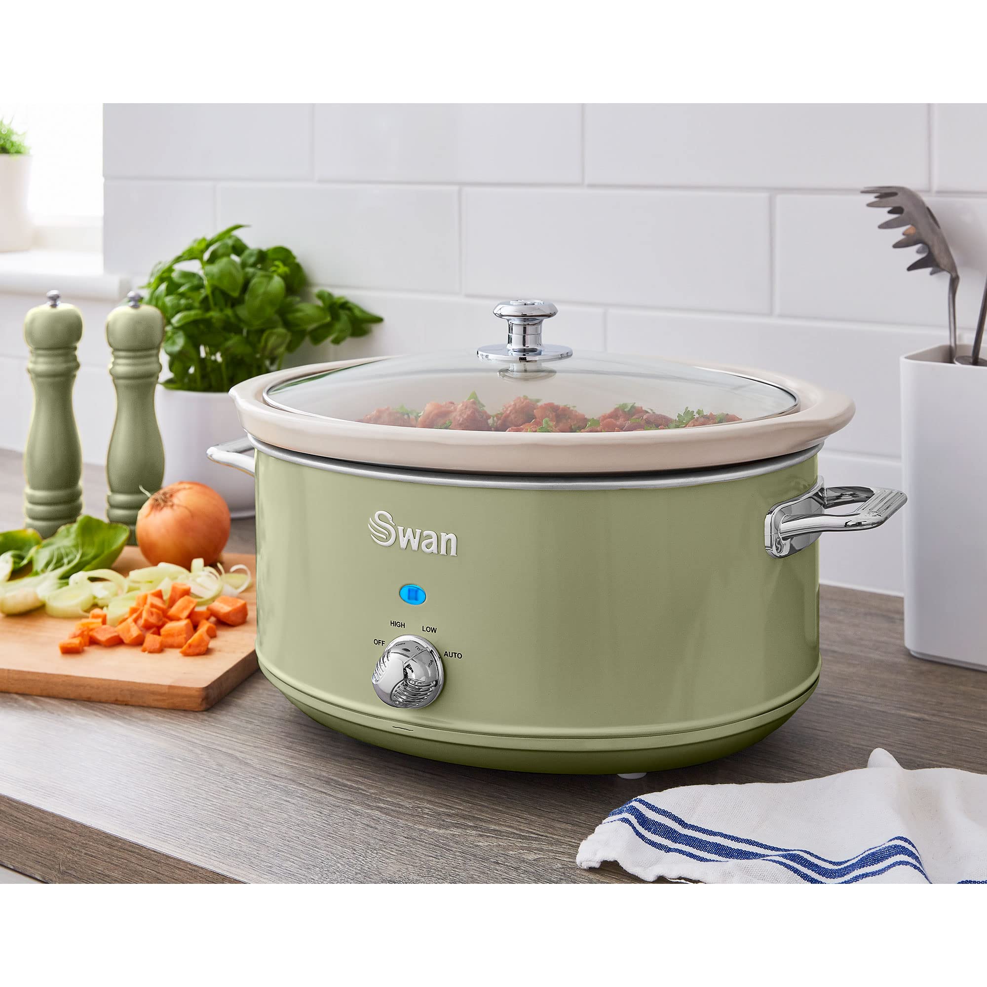 Swan Retro Slow Cooker 6,5L Cerámica Antiadherente Tapa Vidrio 3 Temperaturas 320W Verde