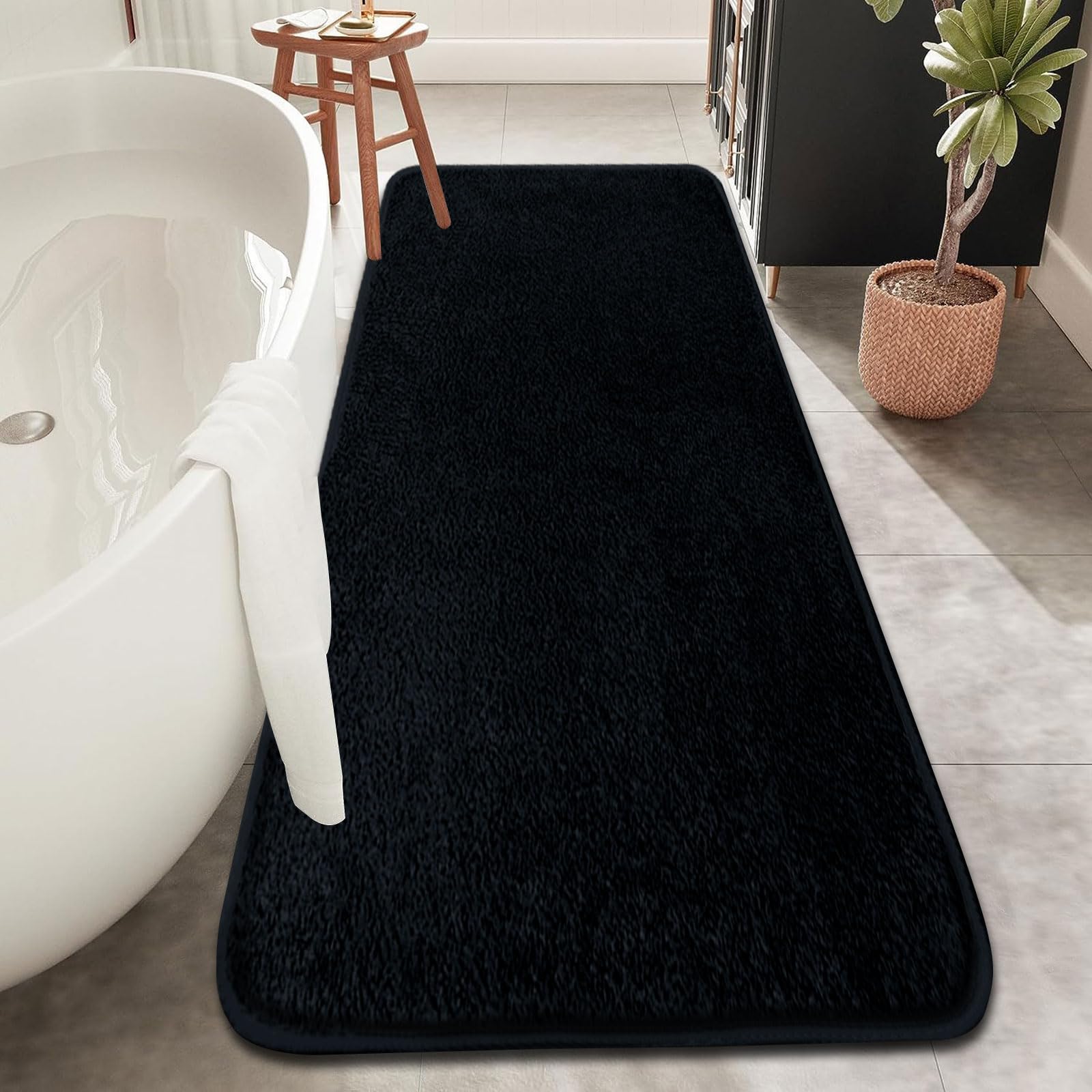 Black Bath Mat 120x50cm Absorbent Bathroom Mat non Slip Washable Bath Mats for Bathroom, Soft Microfiber Bathroom Rug