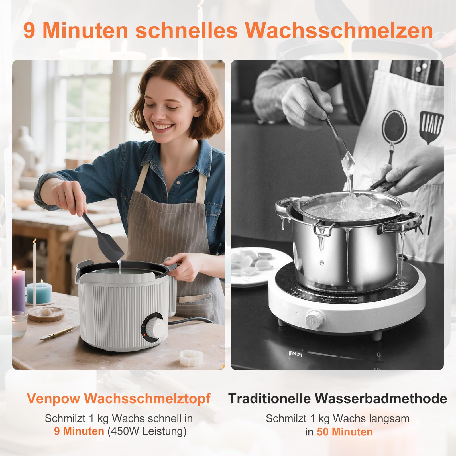 venpow Wachsschmelztopf, kerzen selber machen set für erwachsene Anfänger, für die Kerzenherstellung, Set inkl Wachsschmelzer, Rührlöffel, Thermometer, Docht, Aufkleber und Zentriervorrichtung - Grau