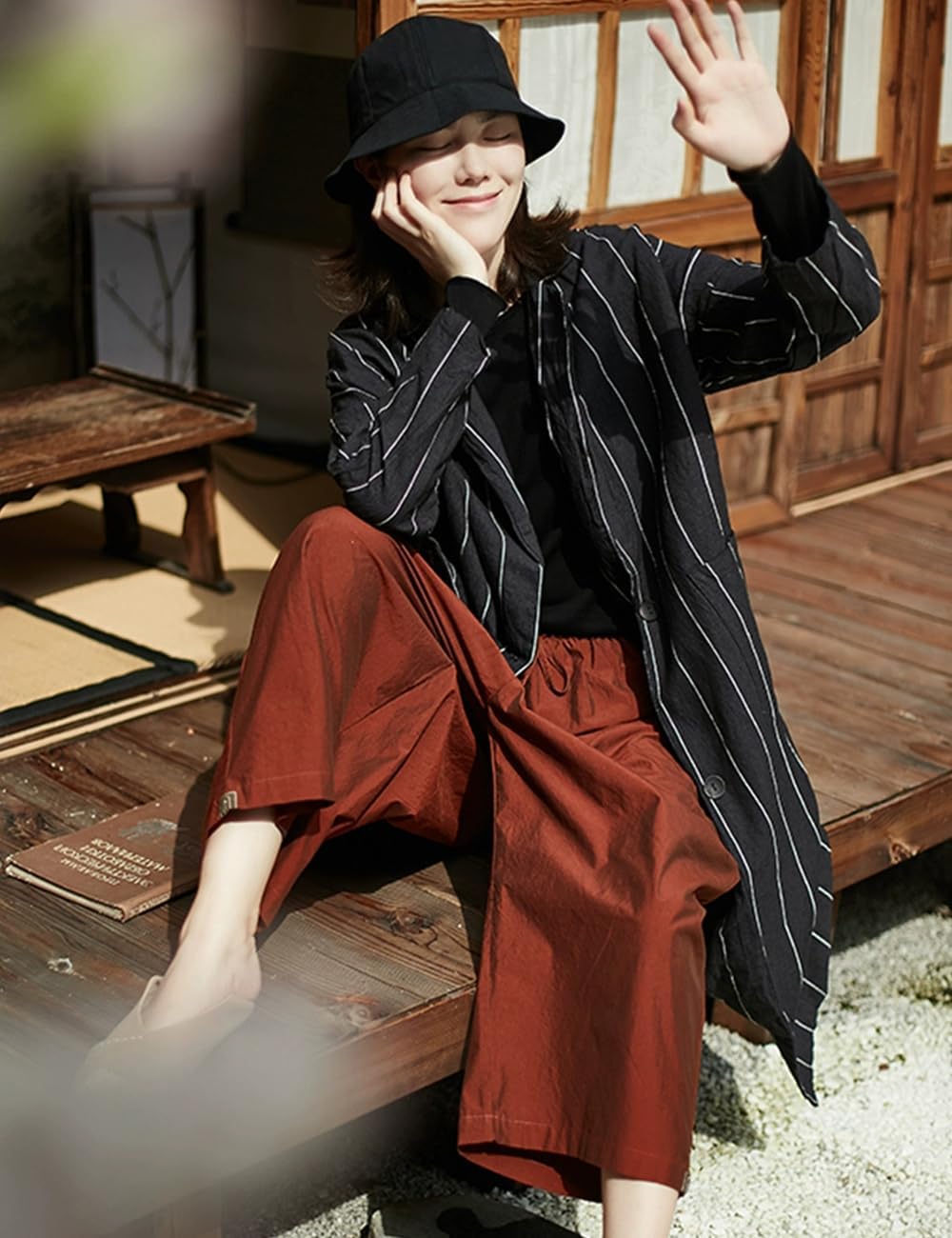 Ystylee Women's Striped Linen Single Breasted Long Trench Coat Lightweight Spring Fall Fashion Dust Coat