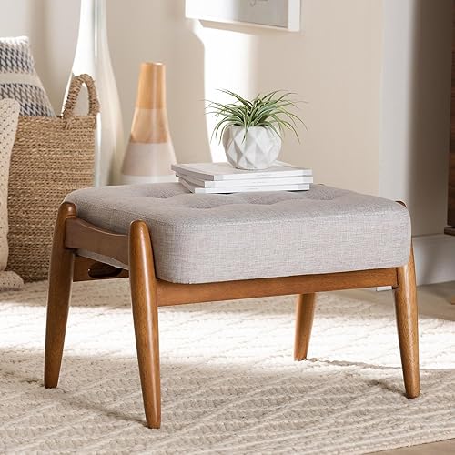 Miniatura 2 de Baxton Studio Jeanine Japandi - Reposapiés otomano de madera con acabado de color beige grisáceo y marrón nogal
