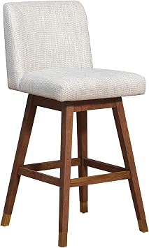 Armen Living Basila Modern Farmhouse 30" Seat Height Swivel Bar Stool for Kitchen Island Counter in Brown Oak Wood with Beige Fabric