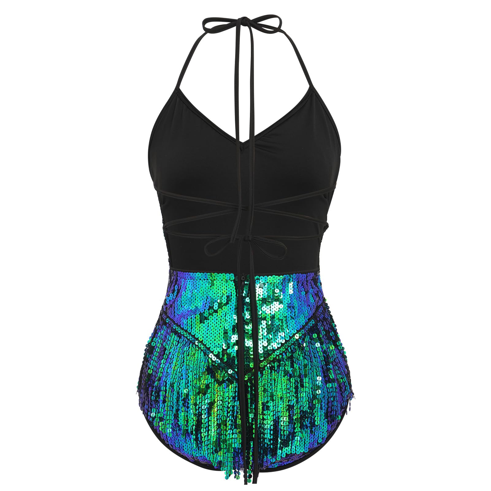 IMEKIS Lentejuelas Body Mujer Flecos Borla Body Halter Cuello Cuello V Música Festival Maillot Brillante Latino Jazz Tango Salón de Baile Disfraz Rave