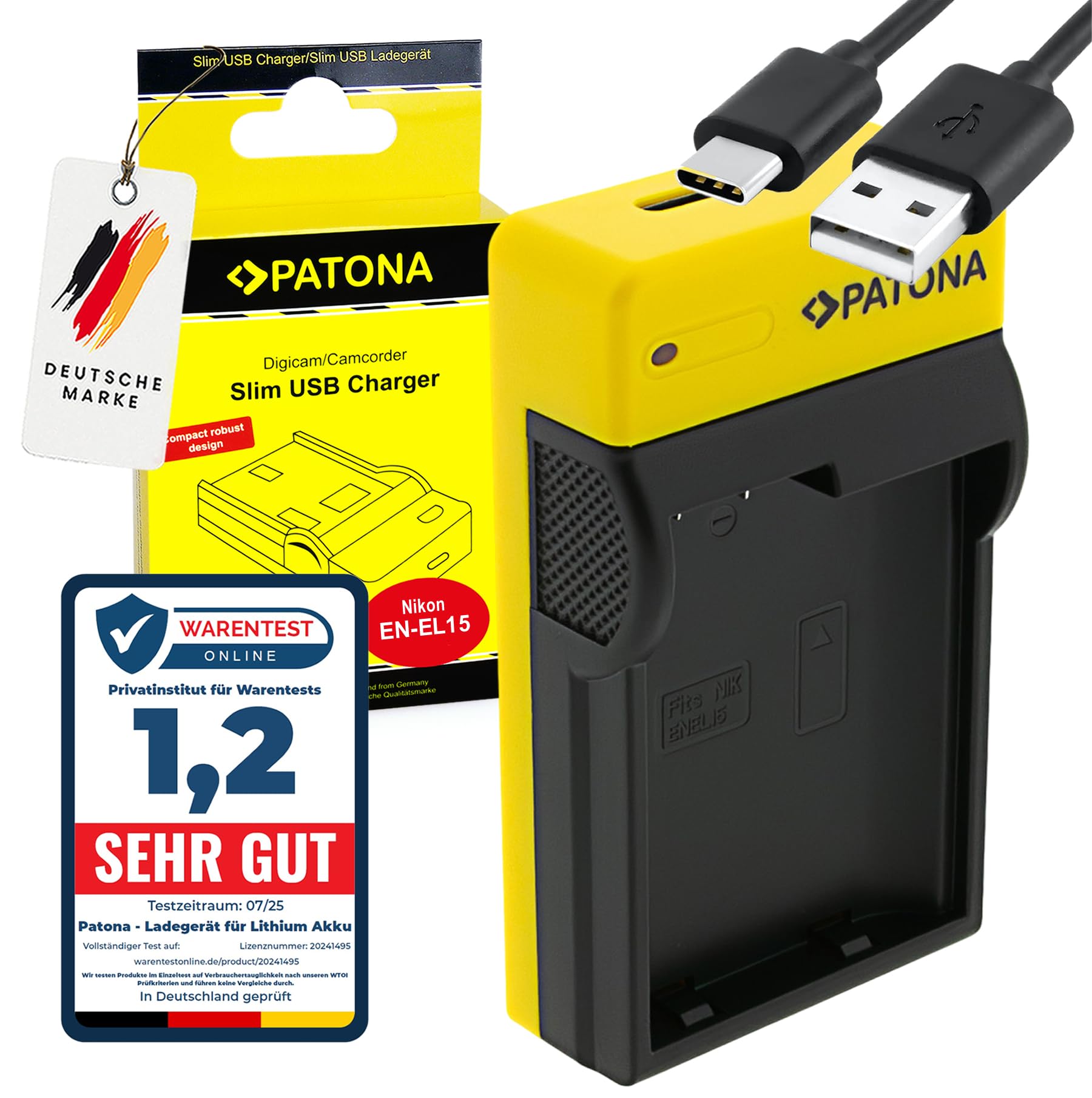 PATONA Slim USB-C Caricatore per EN-EL15 EN-EL15B EN-EL15C Batteria, Caricabatterie Compatibile con Nikon 1 V1 ZF Z8 Z7 Z6 II III Z5 D7000 D7500 D600 D800 D850