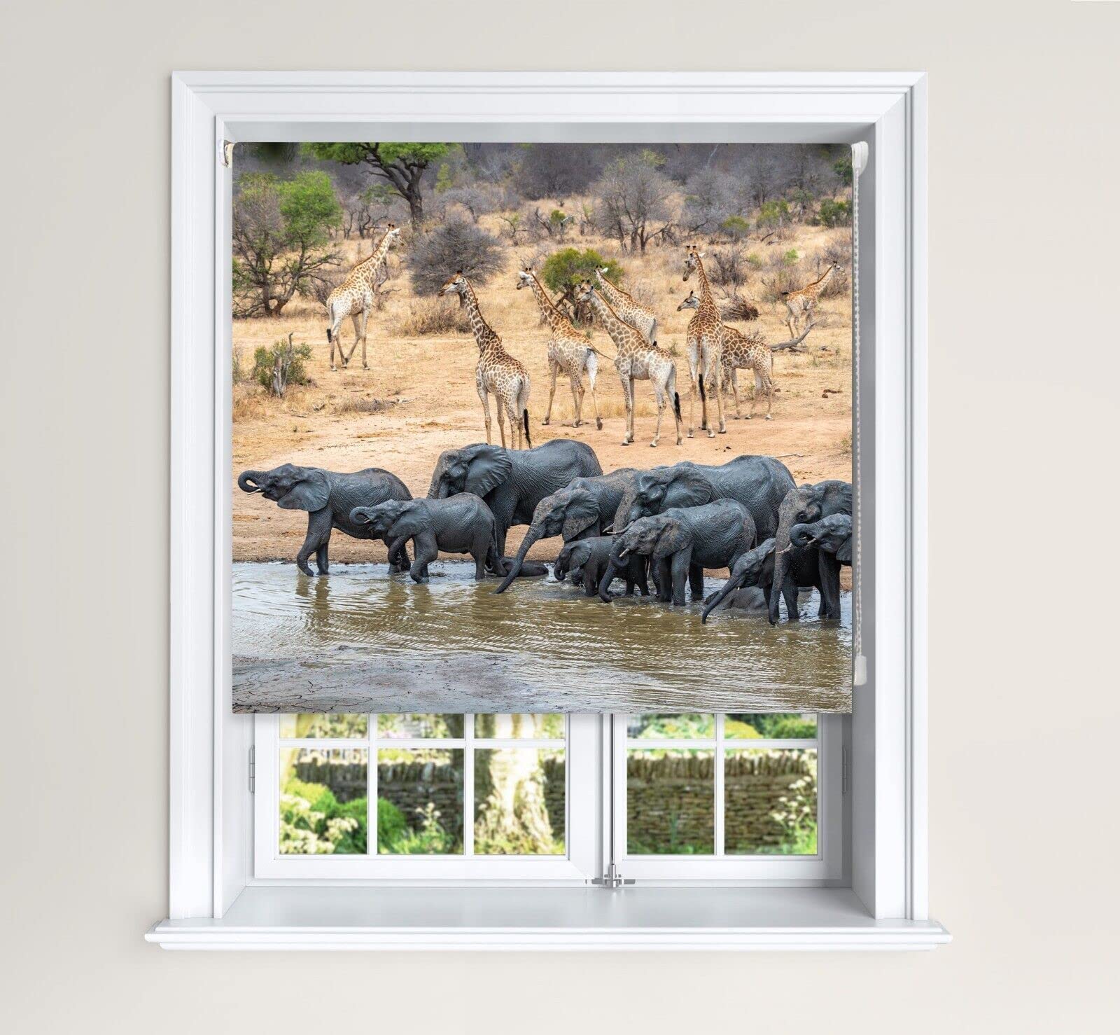 Lister Cartwright Blackout Roller Blind Elephant & Giraffe Water Hole Blind (150 Cm Width X 140 Cm Drop) from B&Q