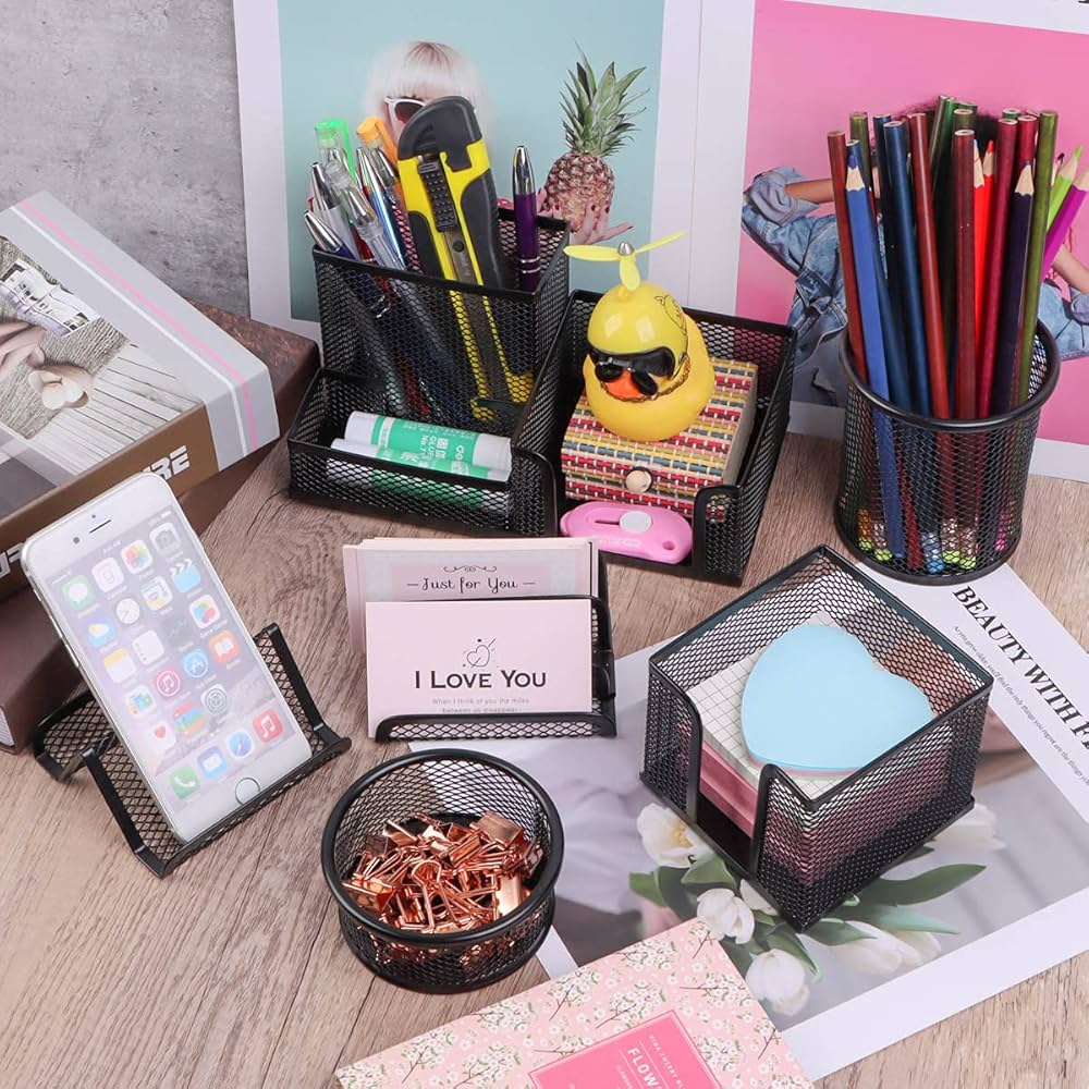 Organiseur Bureau Métal 6 Compartiments Avec Tiroir - Porte-Stylos, Agrafeuse | Rangement Bureau Noir