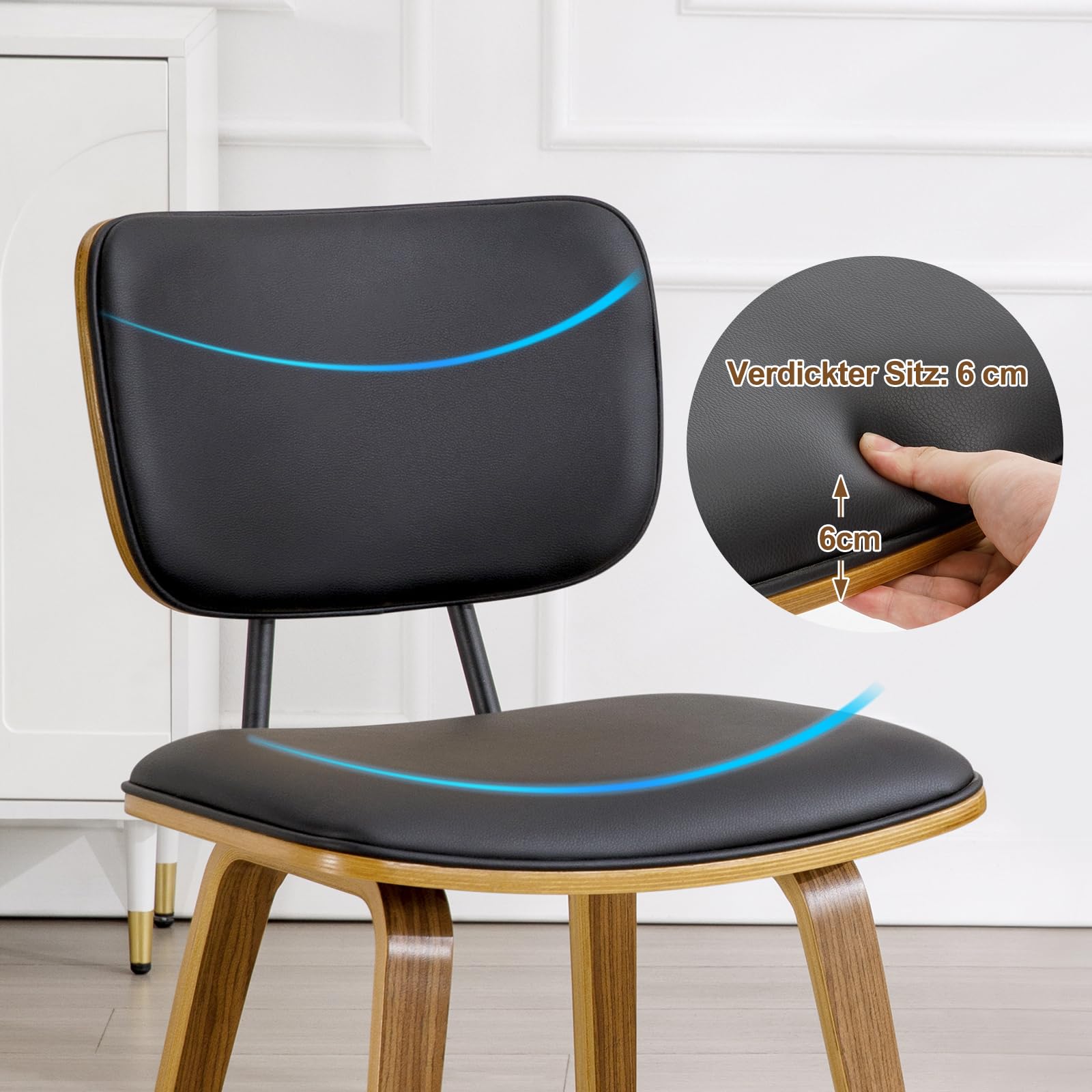 Esszimmerstühle 2er Set aus Bugholz, Gepolstert mit Kunstleder, 48 cm Sitzhöhe, Geschwungene Rückenlehne & Formholz Beine, Bequem & Stabil bis 150 kg Skandinavisches Design für Esszimmer Küche Schwarz
