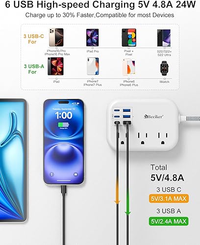 Miniatura 2 de Tira de alimentación con protector de sobretensiones de 6 USB (3 USB), cable de extensión de 10 pies con estación de carga USB de 24 W y 3 tomas,