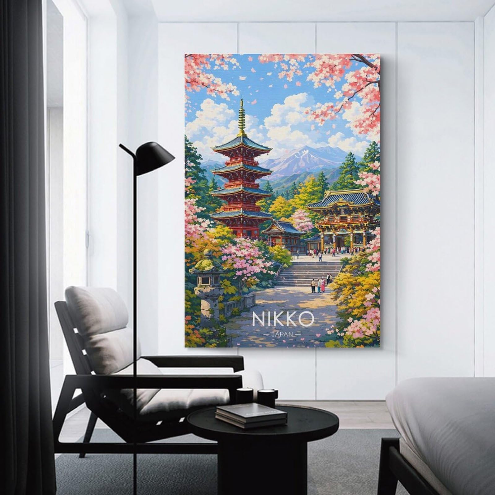Junmoney Unframe-Style-24-1 Nikko Japan Pagoda And Cherry Blossoms Hanging Wall Art, 20X30inch(50X75cm), For Gallery Wall Decor And Room Displays, Home Wall Art For Statement Displays