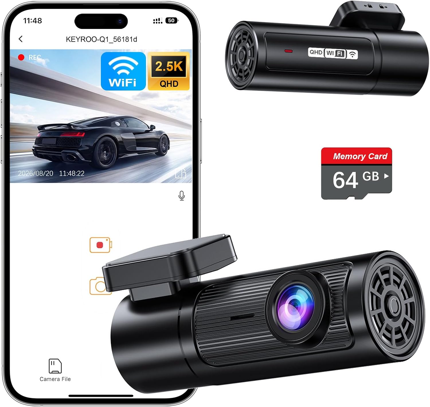 2.5K Dash Cam Front, 64GB Card...