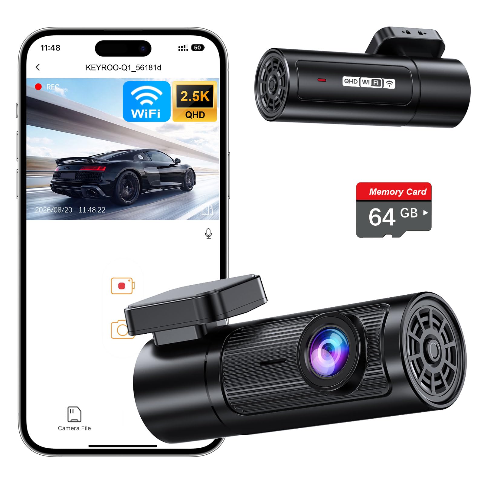 2.5K Dash Cam Front, 64GB Card Included, Mini Dash Camera with WiFi & App