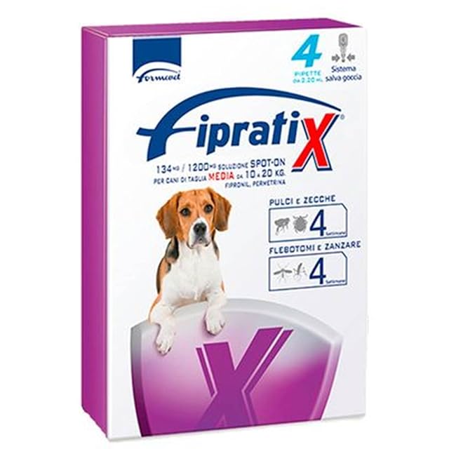 Fipratix antiparassitario per pulci zecche flebotomi e zanzare in pipette, 4 pipette taglia MEDIA