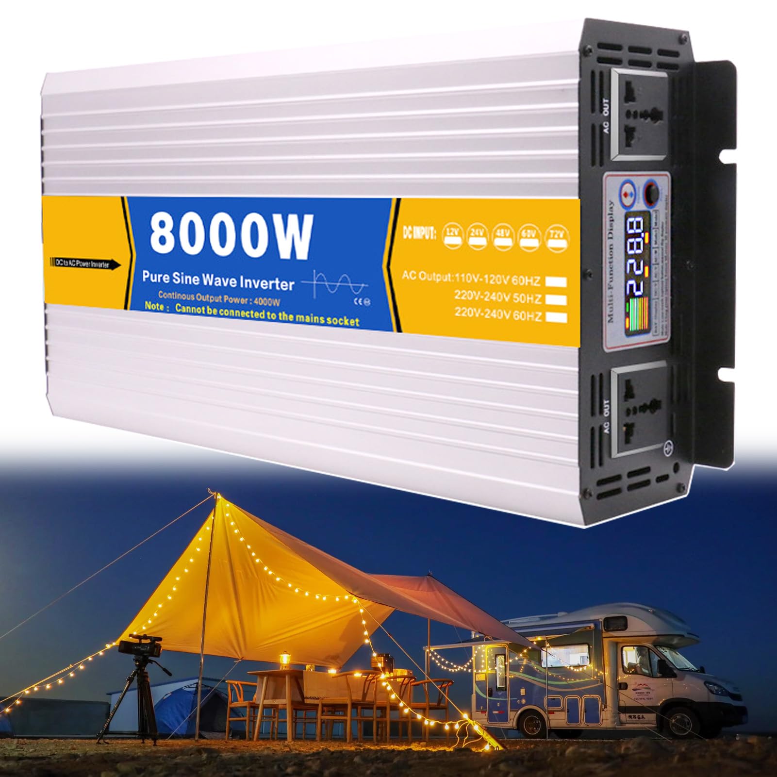 Inverter di Potenza a Onda sinusoidale Pura da 8000 W, Convertitore da 12v/24v/48v/60v/72v a 110v/230v CA, Convertitore di Potenza Solare a Bassa Frequenza per Casa, Camper, Impianto(Size:72V to 110V)