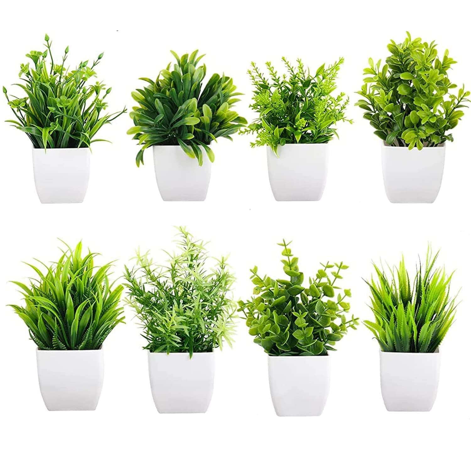 WYTE ORIGIN Pack 4 Small Fake Plants with White Pot Artificial Potted Plants for Home Decor Farmhouse Aesthetic Bedroom Shelf Office Desk Bathroom Decoration (Set of 4) (Design-c)