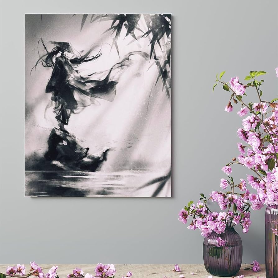 Amazon.co.jp: 絵画 白黒の笹剣士インテリア 絵画 静かな水墨画