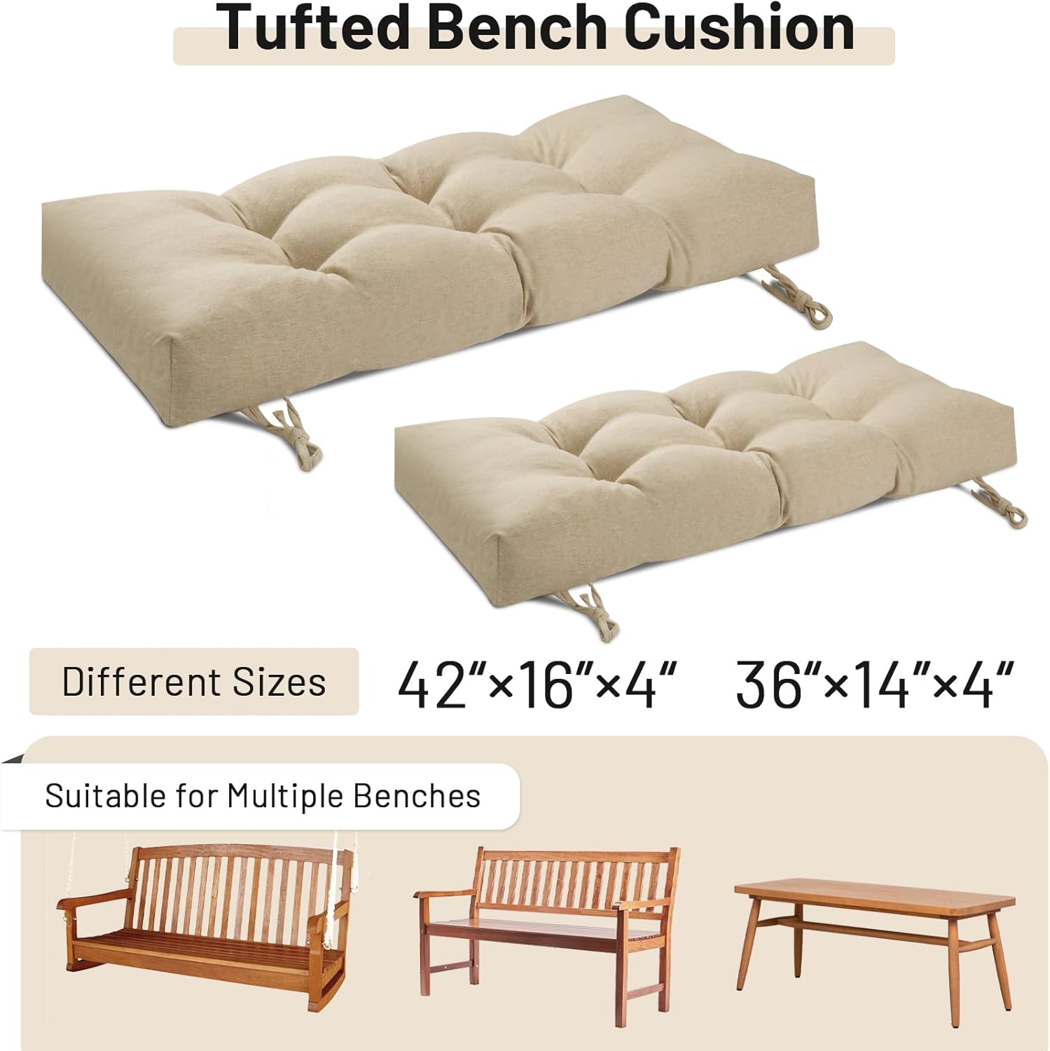 Lokex 4 Inches Thick Bench Cushion with Ties, High-Density Sponge Filling, Classic Linen Fabric, Non-Slip Rectangular Seat Cushion for Indoor Benches (Khaki, 36×14)