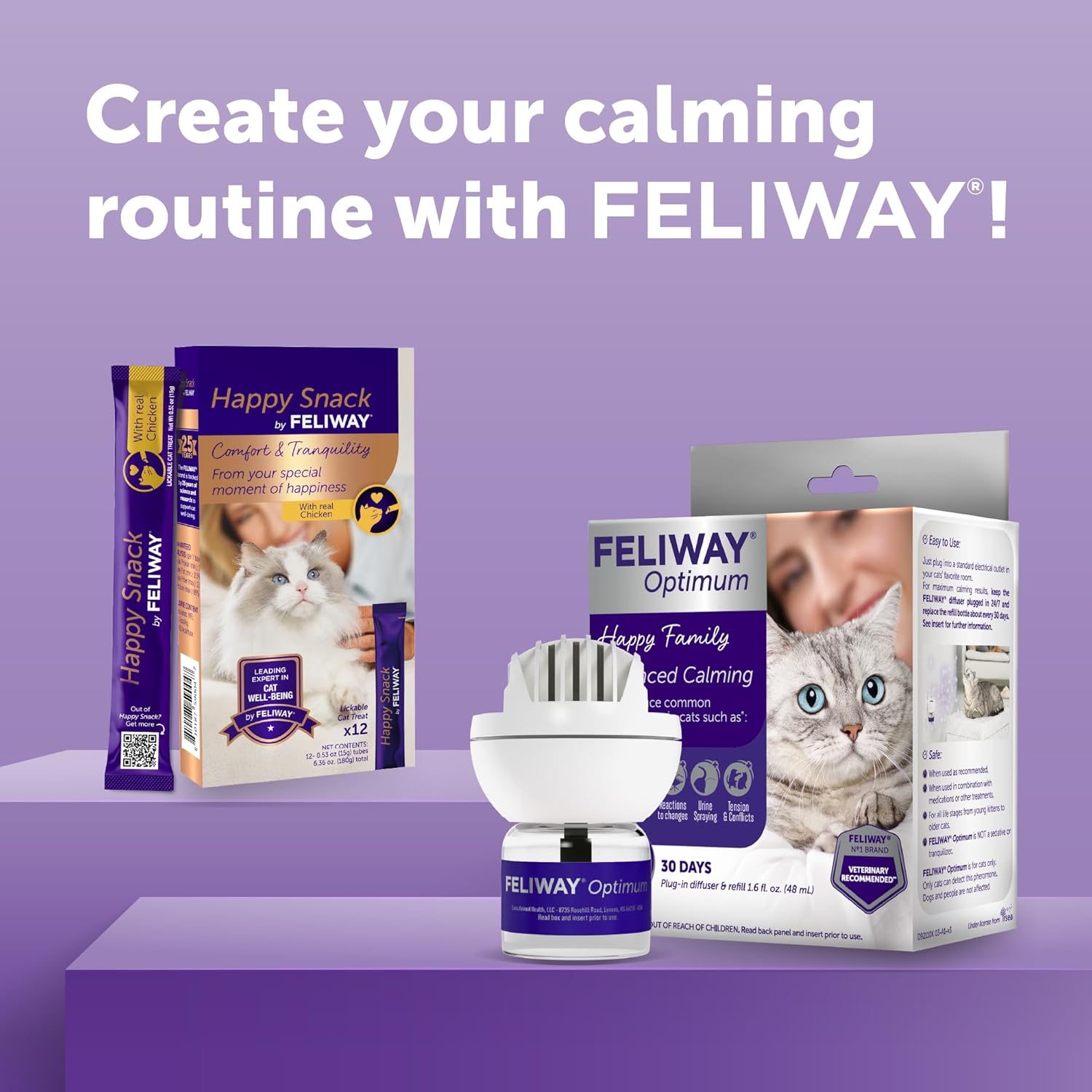 FELIWAY Optimum 30 Day Cat Calming Pheromone Diffuser Kit & Happy Snack by FELIWAY, a Delicious lickable Purée (12-ct Chicken Flavor)