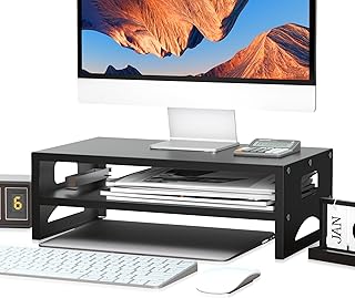 Pholiten Suporte elevador de metal para monitor com prateleira de armazenamento, altura ergonómica de 14 cm, 30 kg, resistente, organizador de mesa de escritório em casa com organizador de cabos Recycled Claim Standard Blended