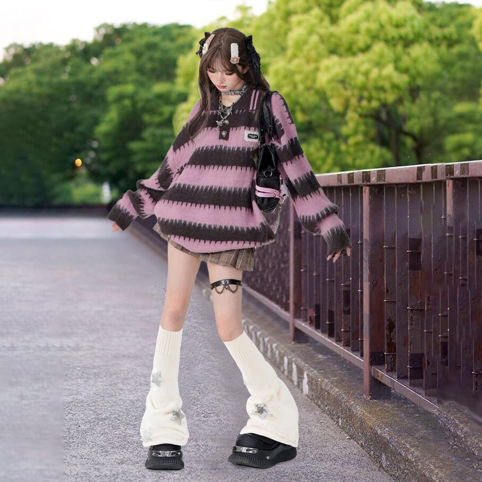 Junely 2 Pairs Leg Warmers for Women Kawaii Leg Warmer Cute Legwarmers Japanese Socks Halloween Goth Emo Gyaru Accessories: Black and White