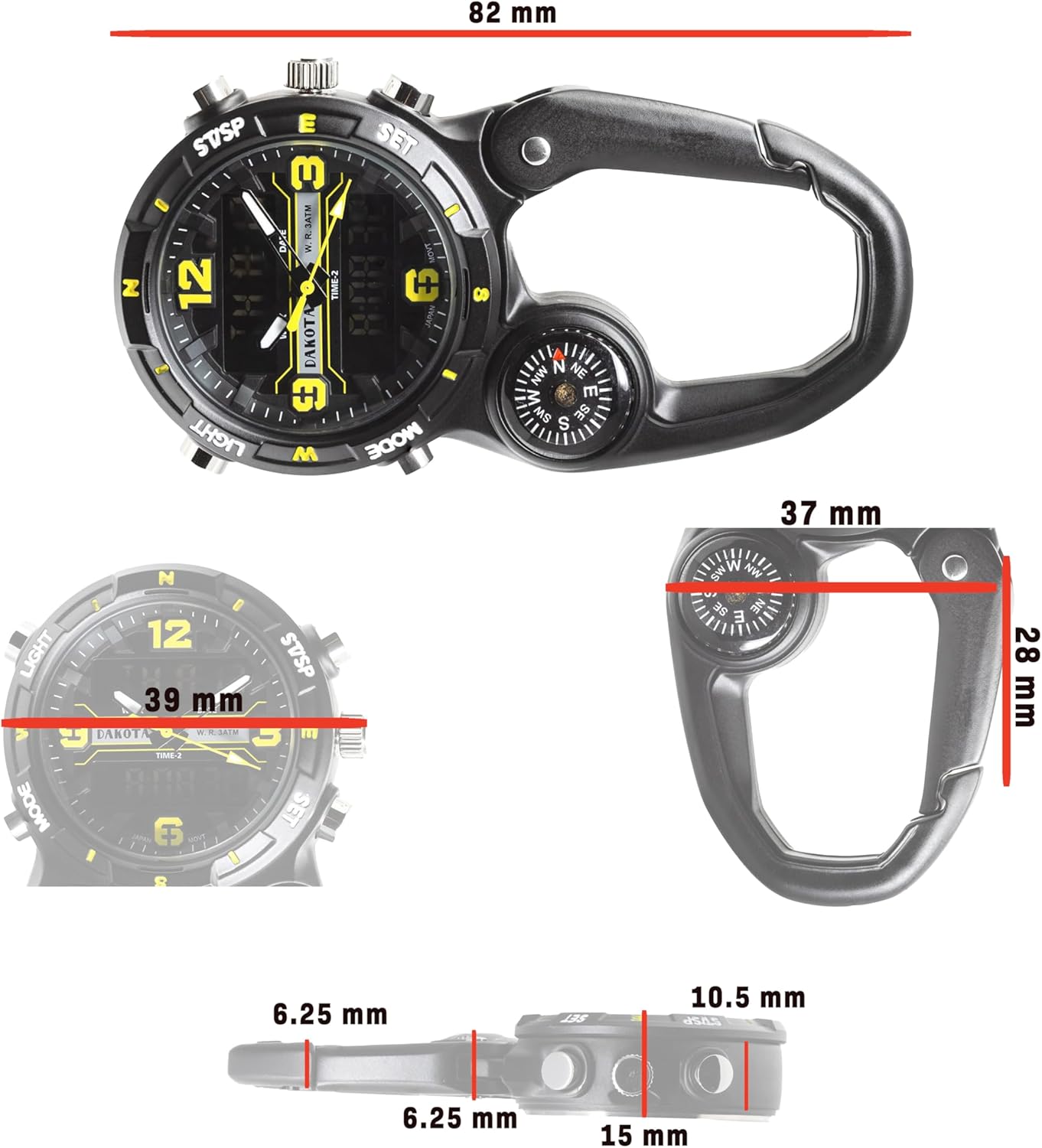 Detailed dimensions of the Dakota Digital Clip Watch, showing measurements in millimeters.