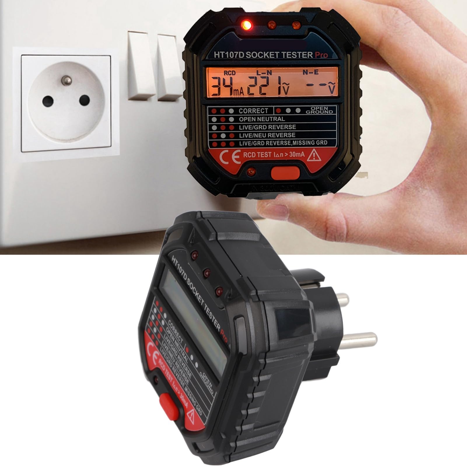 Prise de Testeur de Terre, Prise Secteur à Affichage Numérique LCD HT107D avec Compteurs de Résistance à la Terre, Outil de Vérification des Défauts, électroscope de Détection EU