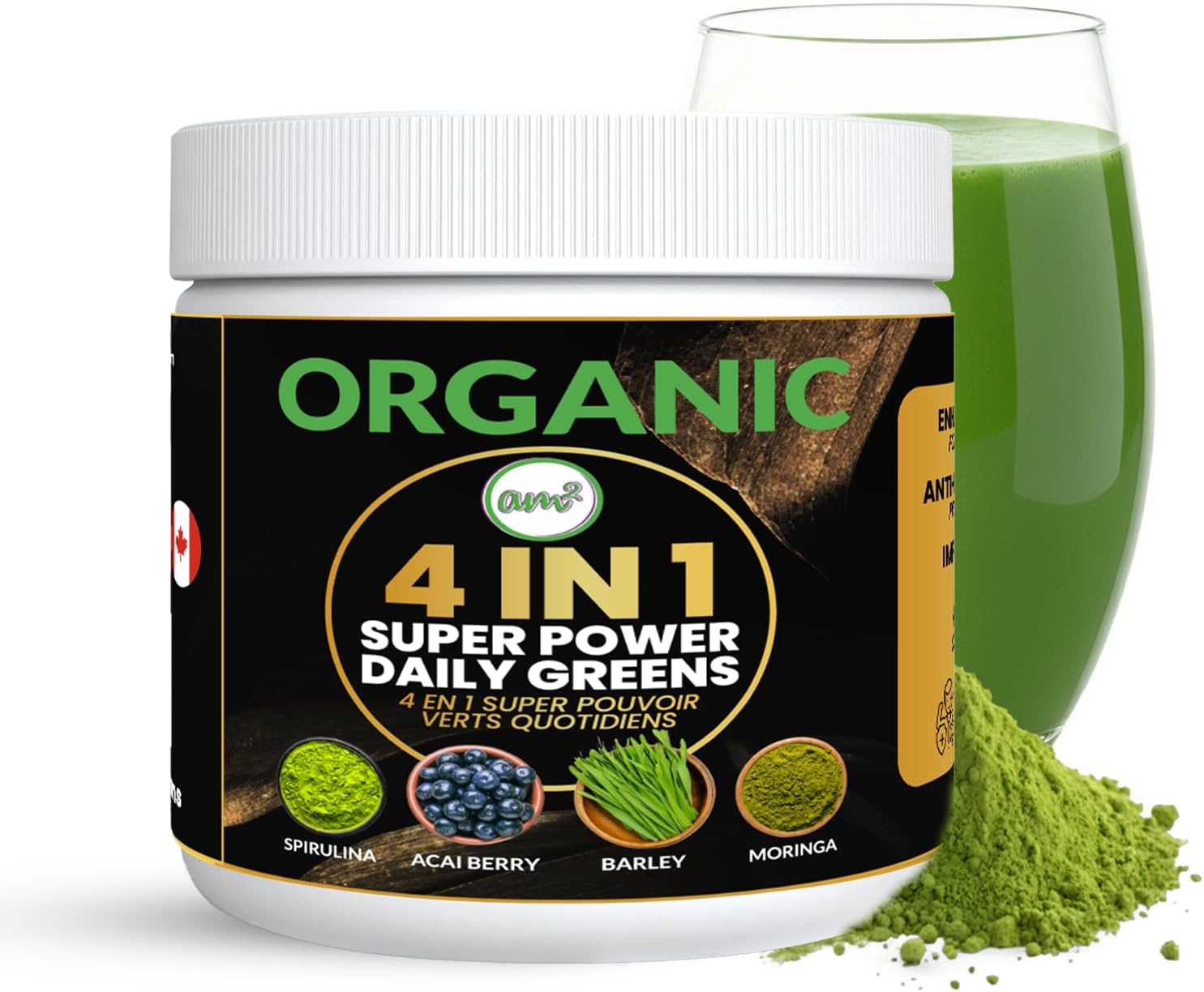 am2 Organic Superfood Powder 4-in-1 Blend – Moringa, Spirulina Powder, Barley Grass Powder, Acai Berry – Vegan Greens Superfood for Smoothies, Energy & Vitality (150g, 60 Servings)