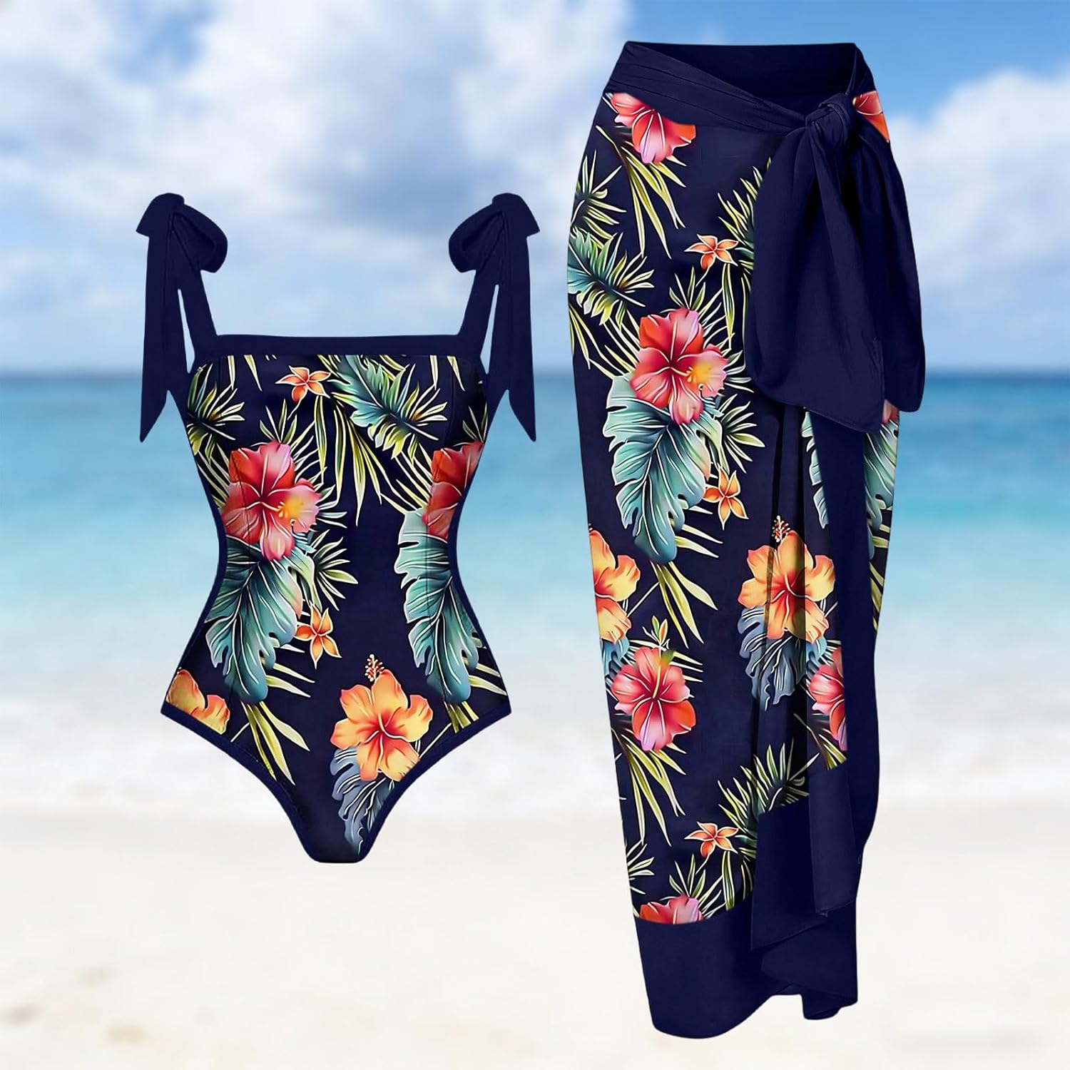 Women's One Piece Swimsuit with Sarong Coverups Floral Tummy Control Bathing Suit Beach Wrap Skirt Hawaiian Outfits