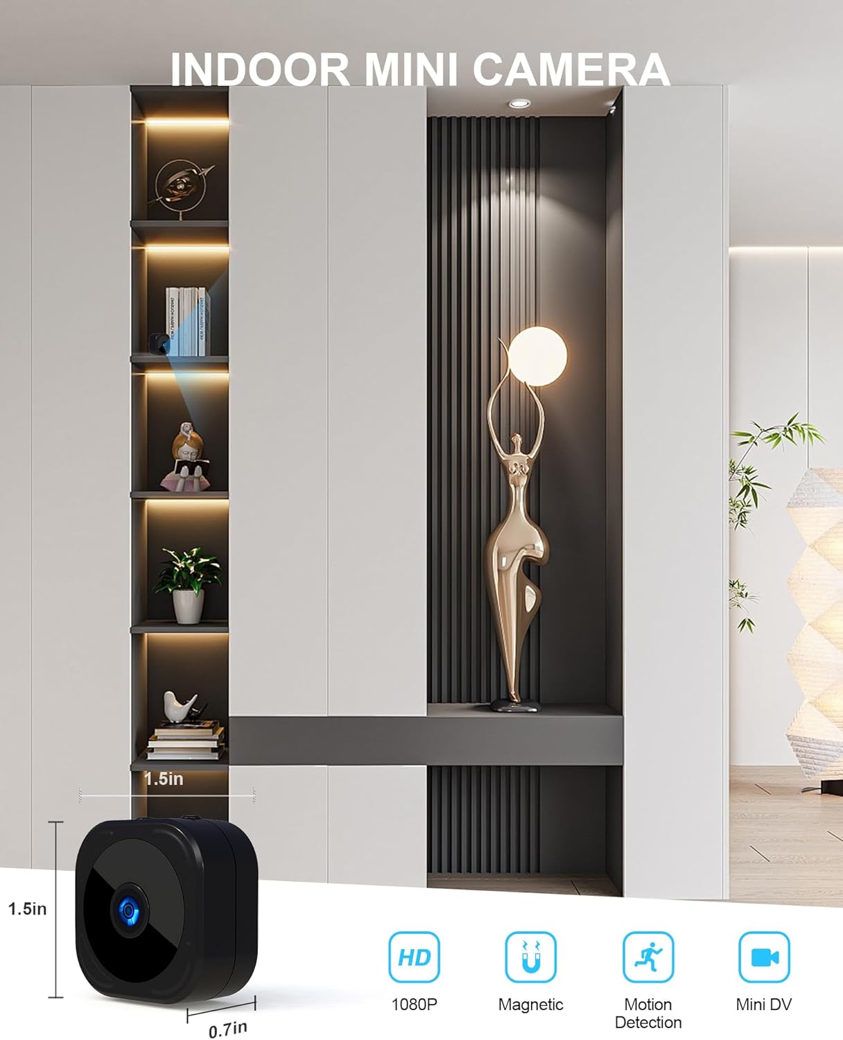 Diagram of AOBOCAM A12 Mini Security Camera with dimensions and feature icons
