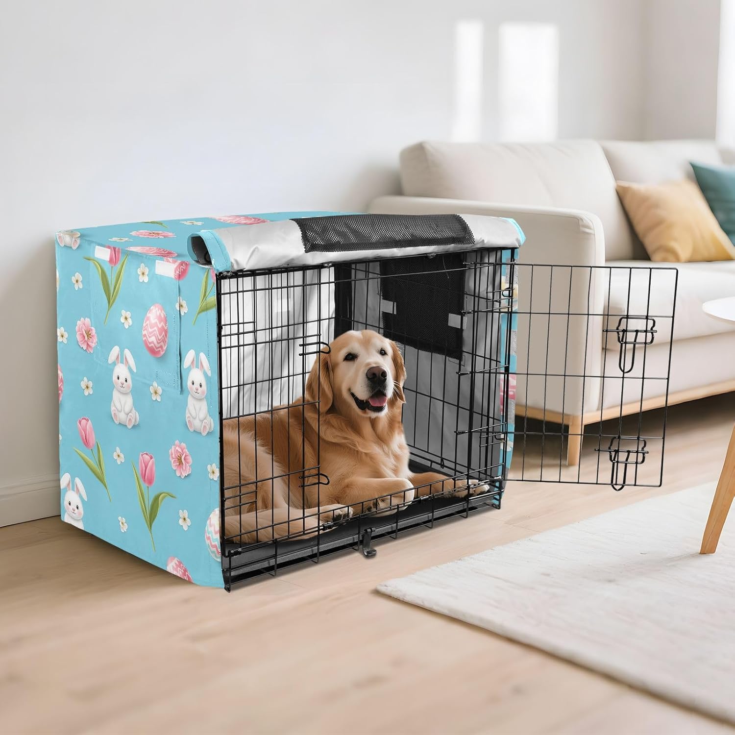Cute Rabbit Easter Eggs Blue Dog Crate Covers UV-Resistant, S-XL Wind-Resistant Crate Cover for Pet Owners, Large