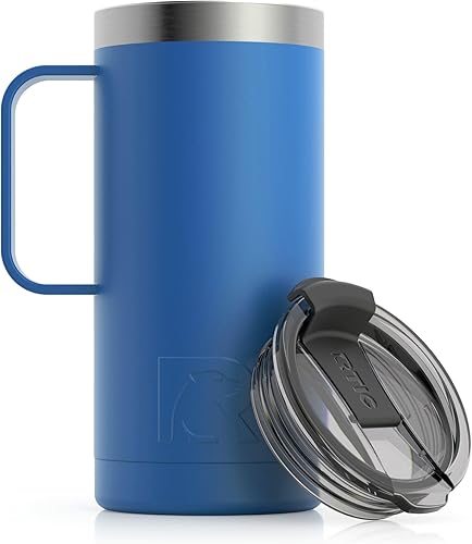 RTIC Taza de viaje de café de 16 onzas con tapa y asa, tazas aisladas al vacío de acero inoxidable, a prueba de fugas, derrames, bebidas calientes y