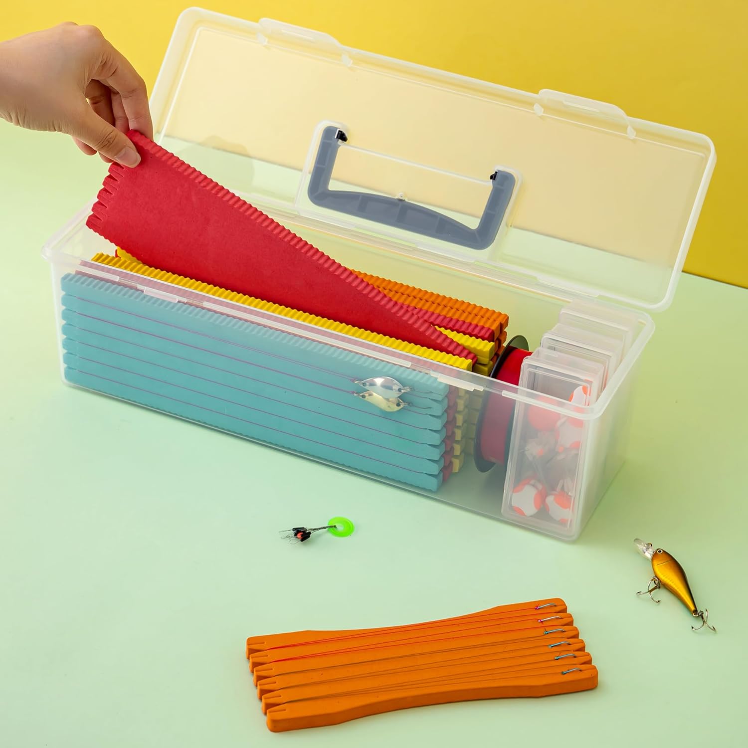 Plastic Portable Container with Handle, Art Craft Sewing Storage Box with Latching Lid for Paint Brush, Tools, Crayon, Washi Tape, Ruler, Ornaments, Ribbons (Black 14.1 x 4.3 x 4.7 in) - Image 3