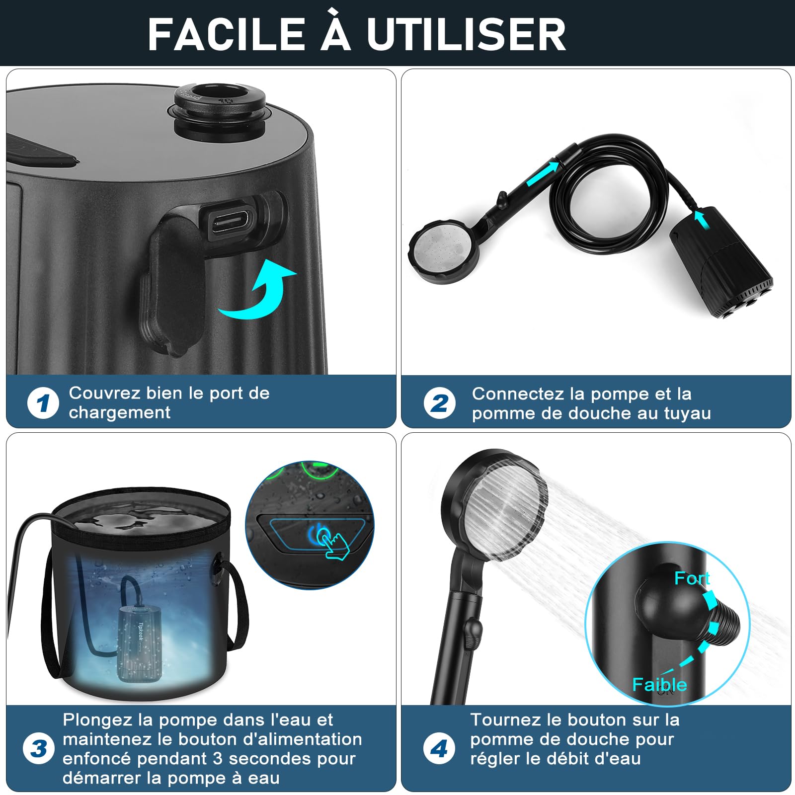 Douche Portable, [10000mAh] Douche de Camping,Électrique Rechargeable,Imperméable, avec Afficheur Intelligent et Pomme de Douche 5 Modes pour Extérieure,Camping,Randonnée
