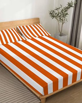 Queen Sheet Set, Burnt Orange Striped Breathable Sheets Queen Size Bed Set, Thanksgiving Orange White Stripes 4 Pieces Bedding Set with Queen Fitted Sheet, Flat Sheet, 2 Pillow Cases