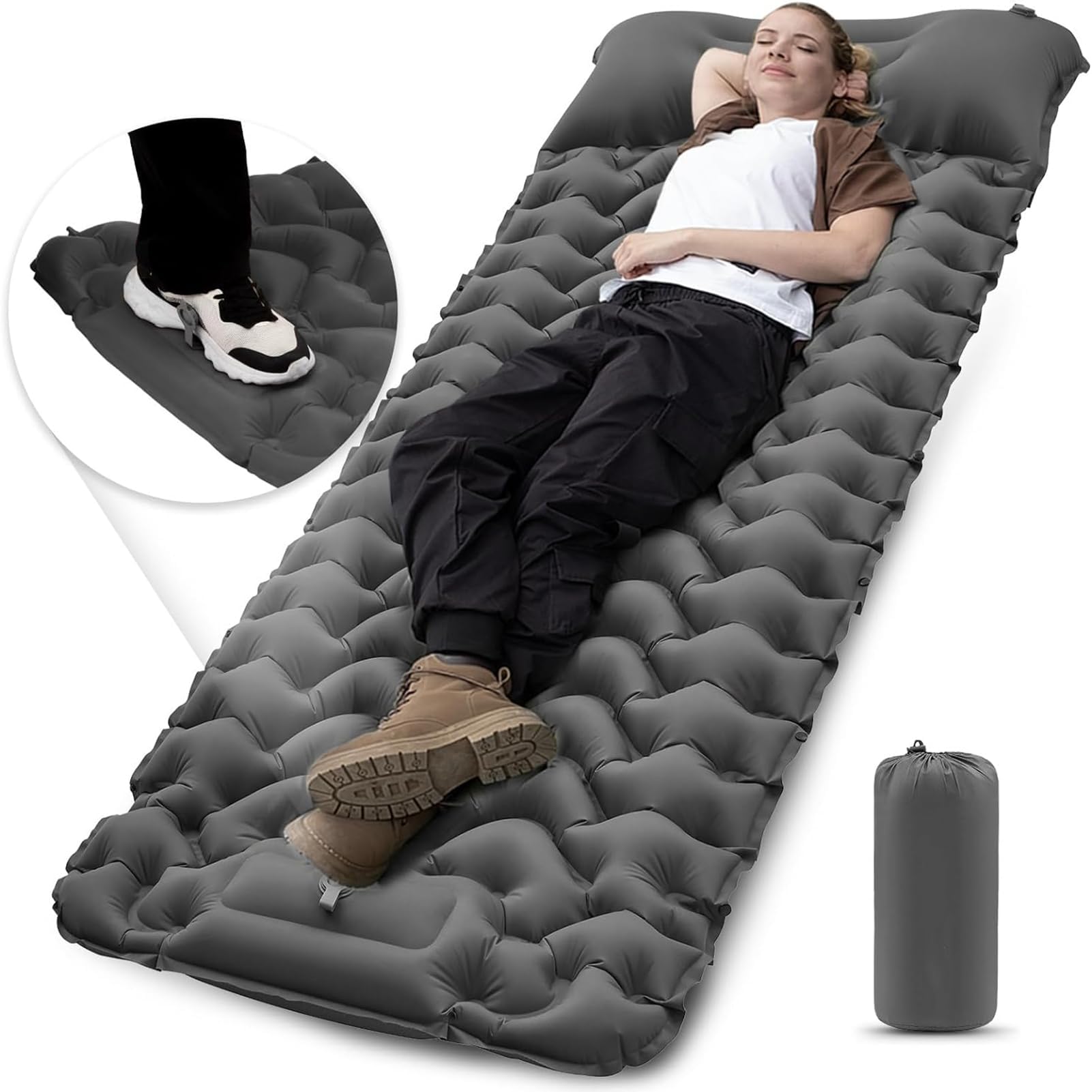 UNIFACE Camping Sleeping Pad,Ultralight Inflatable Sleeping Mat with Built-in Foot Pump & Pillow,Portable Camping Pad,Waterproof Camping Air Mattress for Backpacking,Hiking,Tent,Travel (Gray)