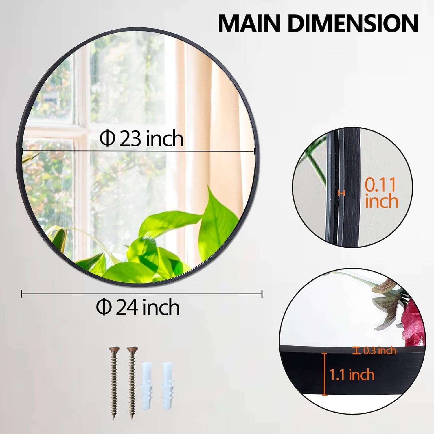 24-Inch Round Wall Mirror with Metal Frame Modern Minimalist Home Decor for Entryway, Bathroom Vanity, Living Room, Bedroom (Black)