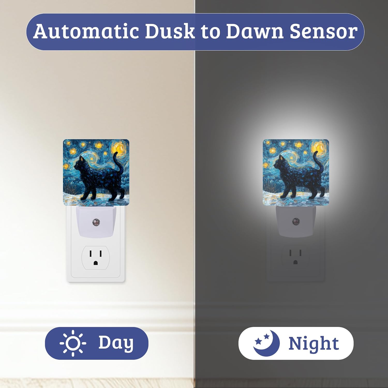Starry Night Cat Night Light, Plug-into Wall Nightlight Lamp with Dusk to Dawn Sensor, Led Lamp 0.5W Energy Efficient for Boys Girls Women Men Gifts, Home Decorative