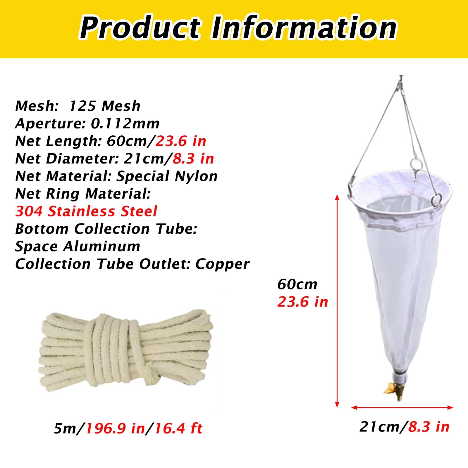 Diameter 8.3 in Plankton Collection Net, 23.6 in Nylon Sampling Nets with Rope & Metal Mesh Ring, Microorganism/Zooplankton Sampling Sampler for Lake/River/Ocean(125 Mesh-0.112 mm(Aperture))