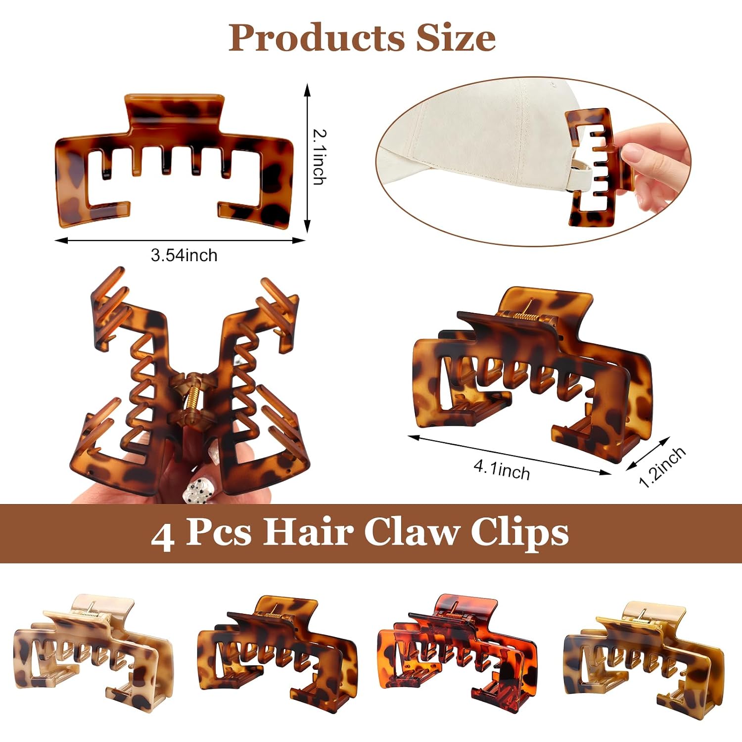Zkptops 4Pcs Hat-Friendly Claw Clips for Women Trucker Hat Hair Clips Tortoise Shell Rectangle Hair Clip for Baseball Caps Square Non-Slip Strong Hold Jaw Clip Thick Thin Curly Hair Accessories Gifts